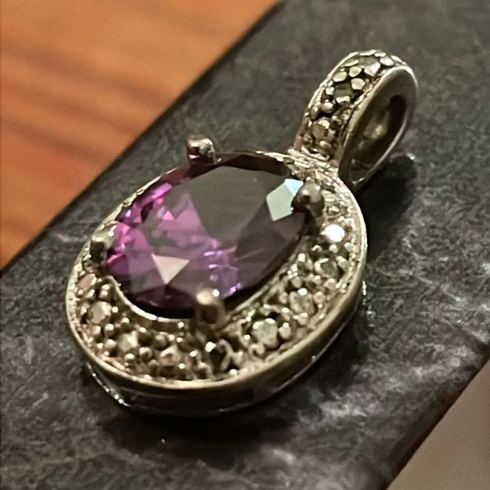 Sterling Silver Amethyst Tear Drop Pendant Marked 925 WM CZ